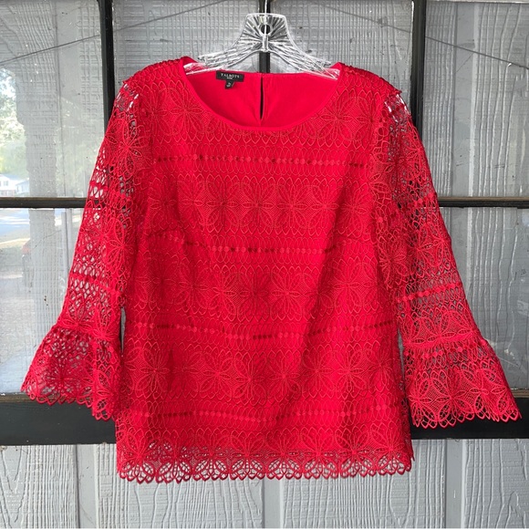 Talbots Petites lace top, bright red w/ see-through sleeves, zipper on left side - Picture 1 of 9